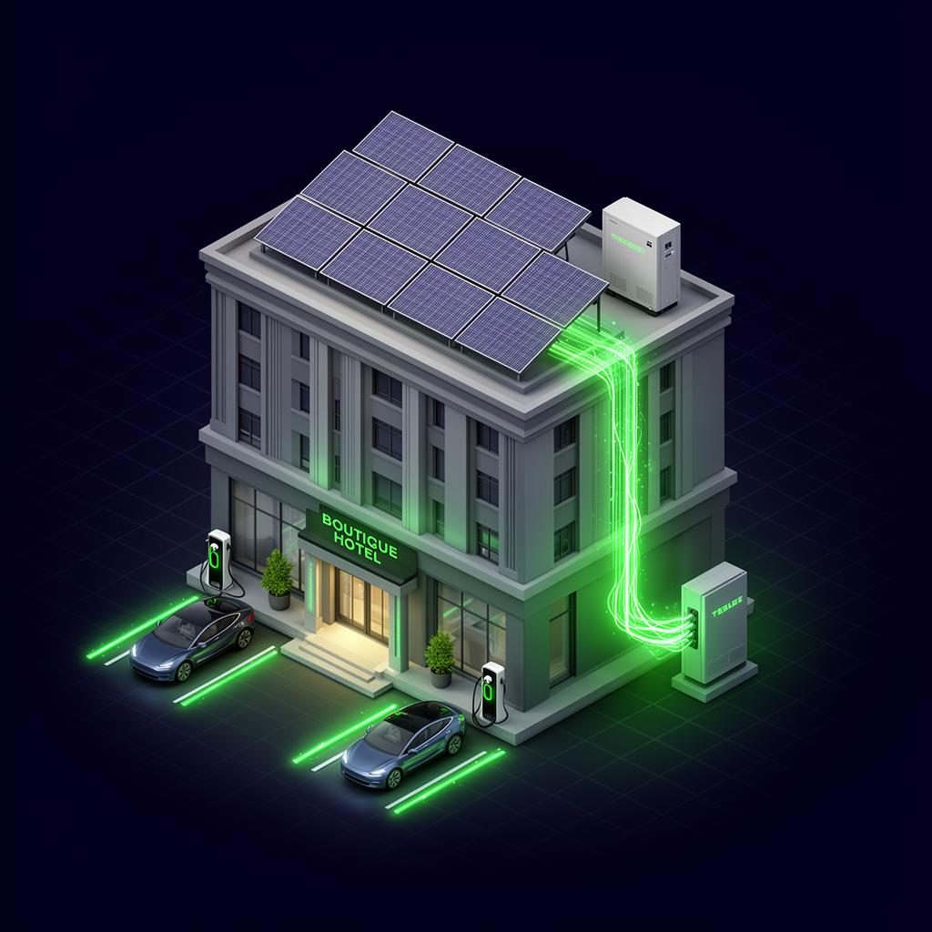 Modern boutique hotel with rooftop solar panels, battery storage and EV charging bays connected by glowing energy lines