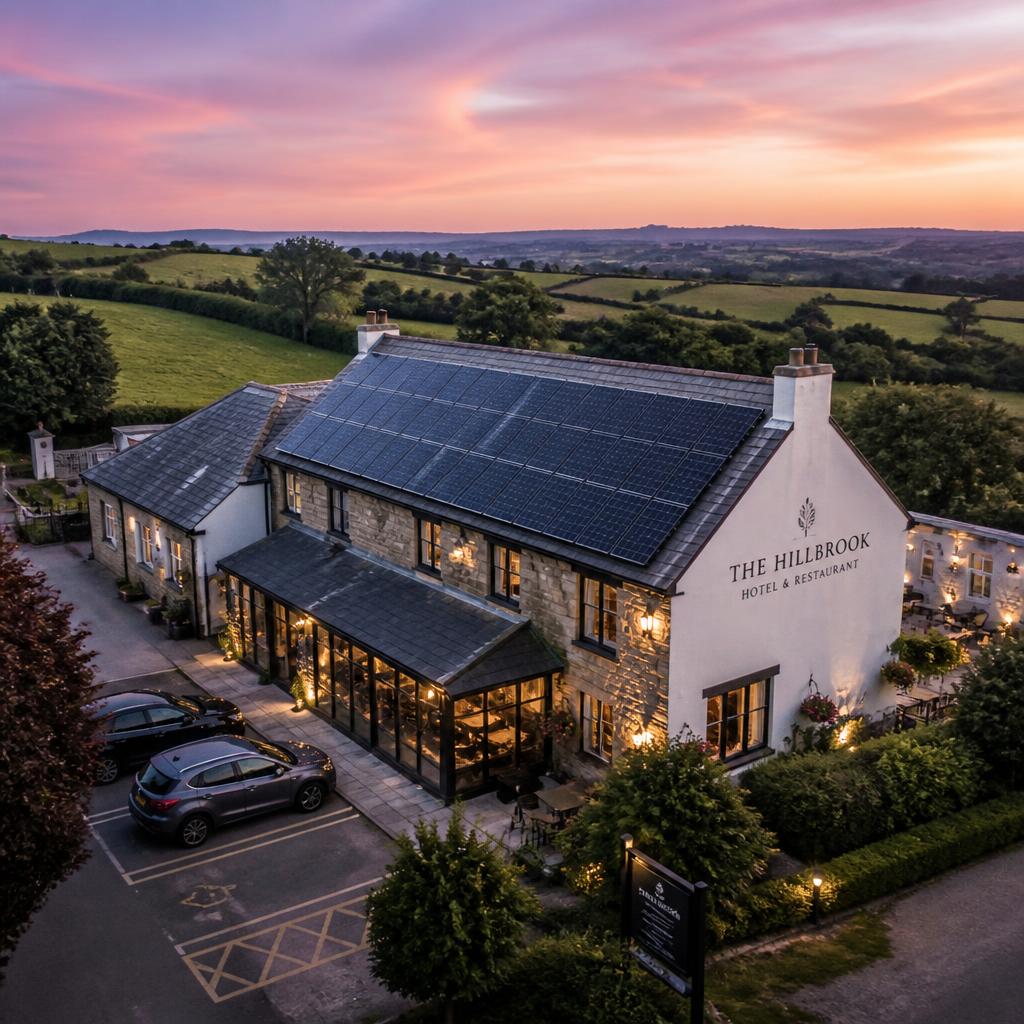 Commercial solar array on a hotel rooftop with a sleek battery storage cabinet at dusk